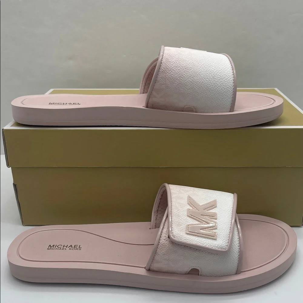 Michael Kors Slide Logo Sandals Palmer Ombré Signature Powder Blush Multi NWT